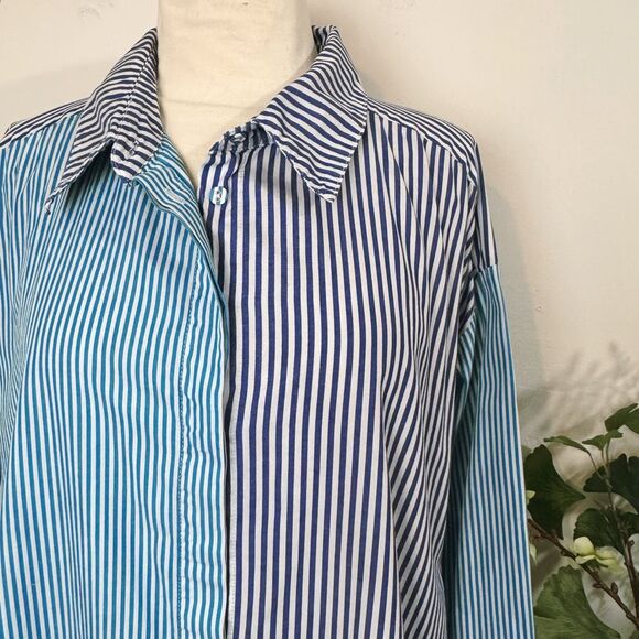 Anthropologie Bardot Spliced Boyfriend Shirt | Blue Stripe Contrast Button-Down - Picture 4 of 12